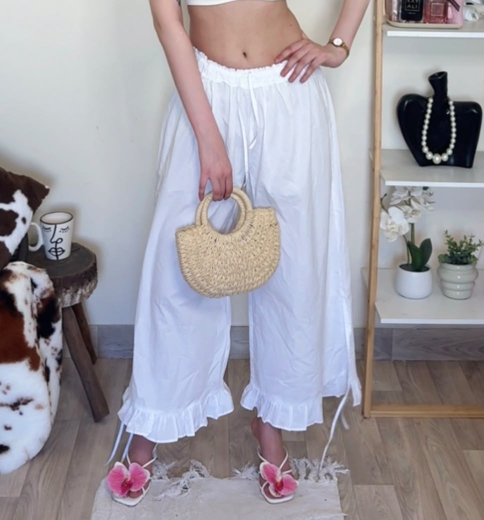 Pantalon palazzo blanc à volants